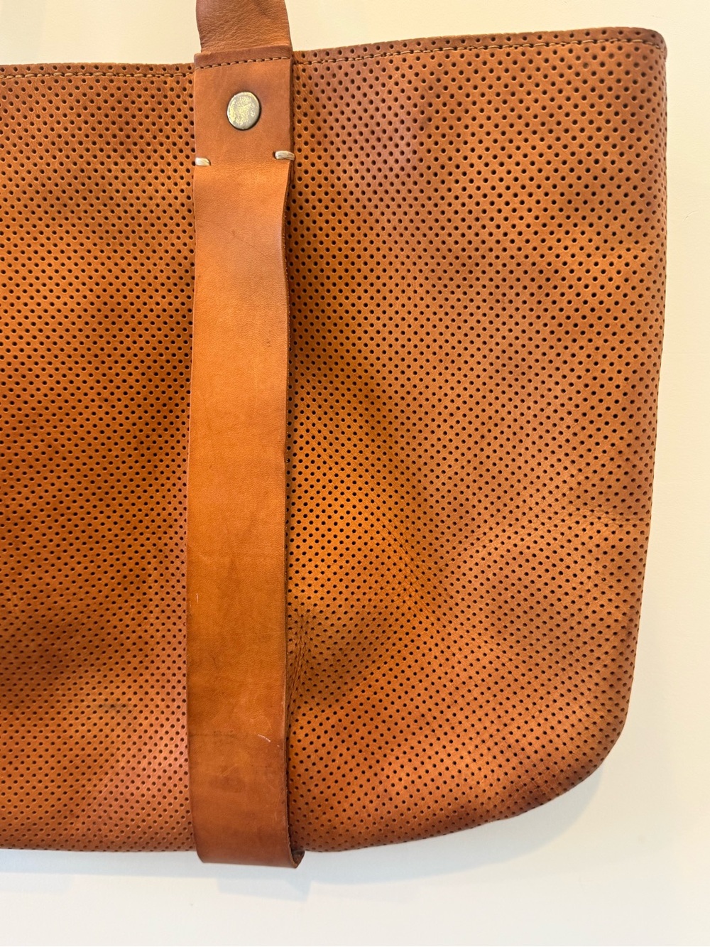 Clare V. La Tropezienne Perforated Leather Tote | Cognac Brown | Made in USA - Picture 4 of 16